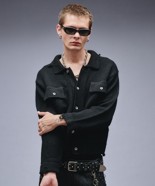 セール】Dameged W-pocket Knit Jacket / ダメージWポケットニット