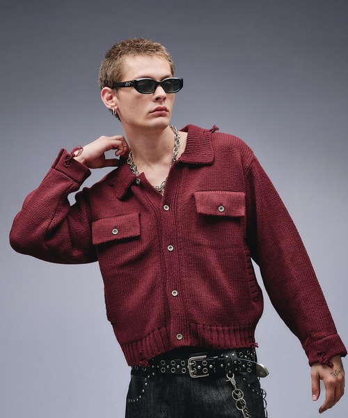 ANDER HUNK（アンダーハンク）の「Dameged W-pocket Knit Jacket / ダメージWポケットニットジャケット（ニット/セーター・メンズ・ブラウン/バーガンディー/ブラック・SMALL/MEDIUM/LARGE）」の4枚目の写真