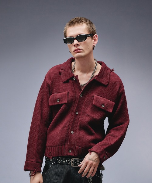 ANDER HUNK（アンダーハンク）の「Dameged W-pocket Knit Jacket / ダメージWポケットニットジャケット（ニット/セーター・メンズ・ブラウン/バーガンディー/ブラック・SMALL/MEDIUM/LARGE）」の5枚目の写真