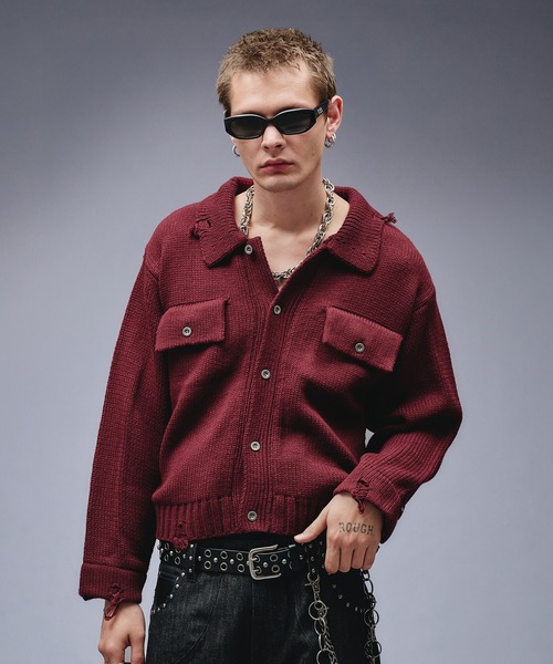 Dameged W-pocket Knit Jacket / ダメージWポケットニットジャケット