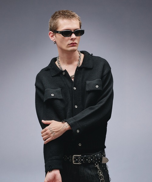 セール】Dameged W-pocket Knit Jacket / ダメージWポケットニット