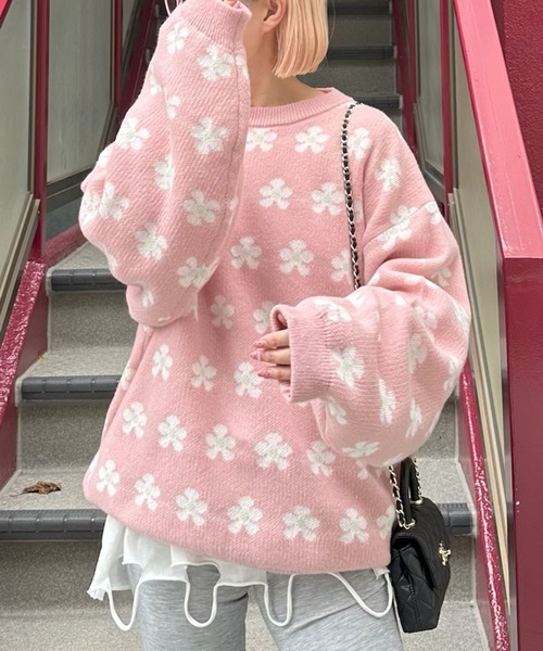 セール】【セットアップで着られる】お花のニットトップス（ニット