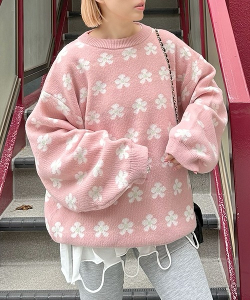 Alley Tokyo(アリートーキョー)の「【セットアップで着られる】お花のニットトップス(ニット/セーター・レディース・サックスブルー/ピンク・FREE)」の3枚目の写真