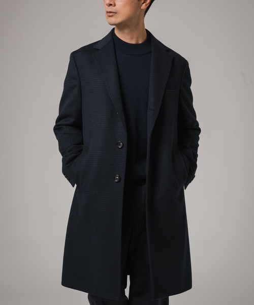 SUPER 140's ウール / カシミヤ チェスターコート(チェック