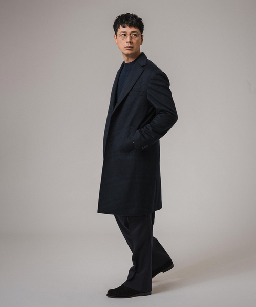 SUPER 140's ウール / カシミヤ チェスターコート(チェック