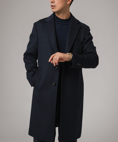 SUPER 140's ウール / カシミヤ チェスターコート(チェック