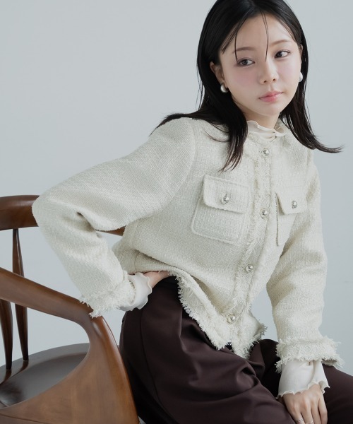 Petitjo(プッチージョ)の「小さいサイズ ツイードノーカラージャケット 低身長さん・小柄女性(カバーオール・レディース・ブラック/ベージュ・PL/PM/PS/PSS)」の1枚目の写真