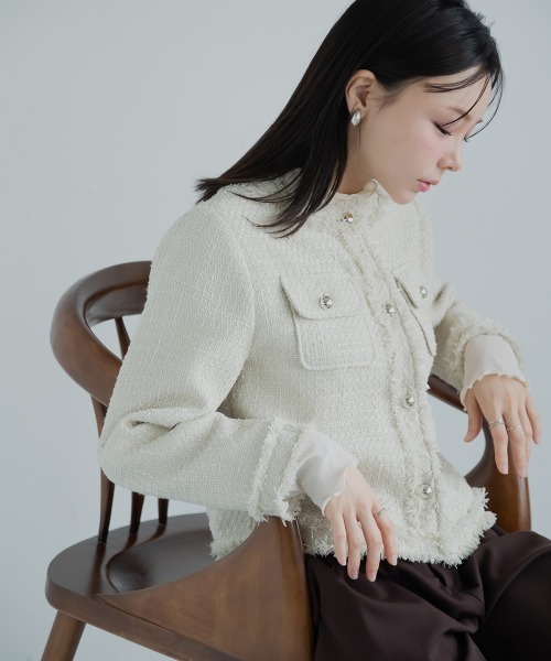 Petitjo(プッチージョ)の「小さいサイズ ツイードノーカラージャケット 低身長さん・小柄女性(カバーオール・レディース・ブラック/ベージュ・PL/PM/PS/PSS)」の3枚目の写真