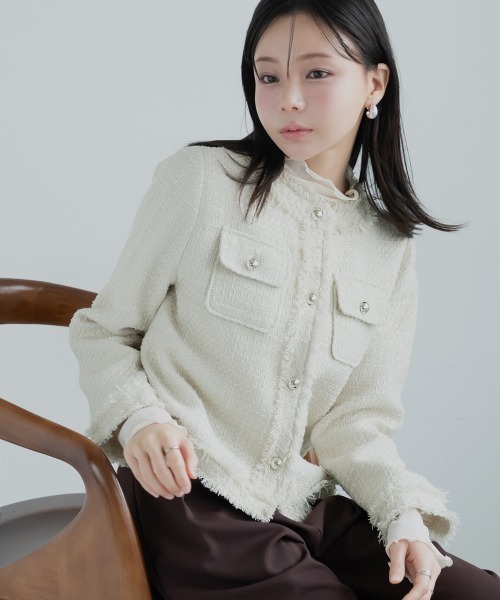 Petitjo(プッチージョ)の「小さいサイズ ツイードノーカラージャケット 低身長さん・小柄女性(カバーオール・レディース・ブラック/ベージュ・PL/PM/PS/PSS)」の5枚目の写真