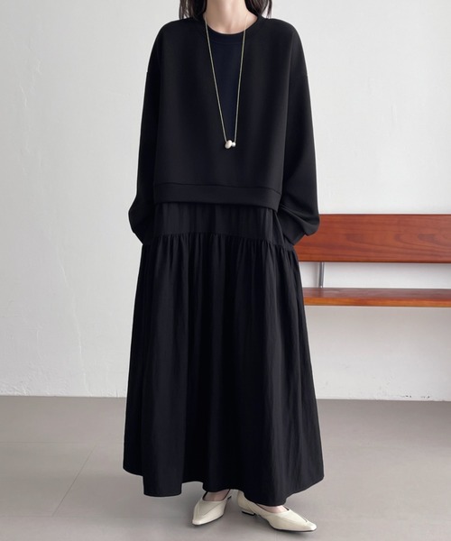 セール】異素材切替段ボールスウェットワンピース（ワンピース）｜emi+