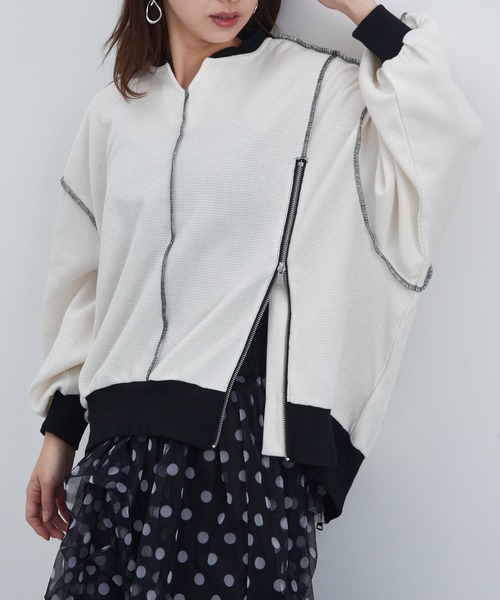 MAISON BREEZE reveur(メゾンブリーズレヴール)の「【MAISON BREEZE reveur】ZIPデザインワッフルプルオーバー trc(スウェット・レディース・ブラック/アイボリー/グレー・FREE)」の6枚目の写真