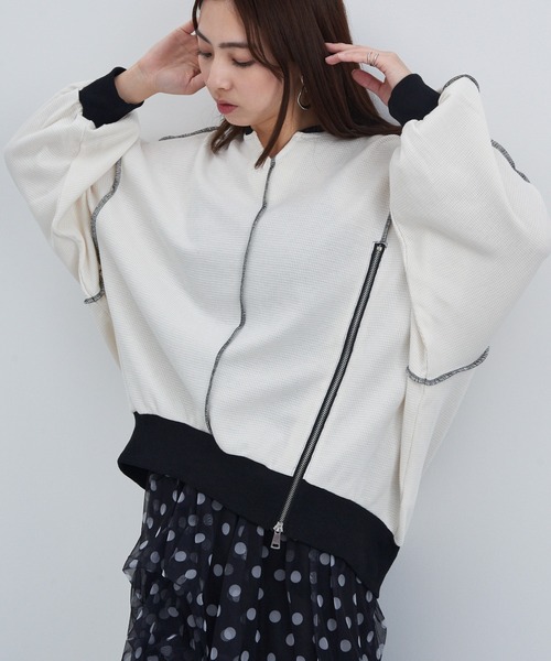 MAISON BREEZE reveur(メゾンブリーズレヴール)の「【MAISON BREEZE reveur】ZIPデザインワッフルプルオーバー trc(スウェット・レディース・ブラック/アイボリー/グレー・FREE)」の7枚目の写真