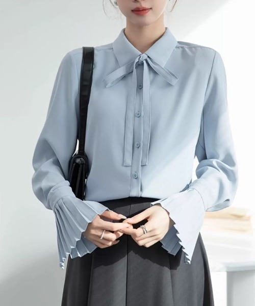 Beststore(ベストストア)の「ボウタイシャツブラウス 袖口プリーツ レディース(シャツ/ブラウス・レディース・ピンク/ホワイト/ブルー・L/M)」の5枚目の写真