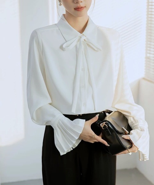 Beststore(ベストストア)の「ボウタイシャツブラウス 袖口プリーツ レディース(シャツ/ブラウス・レディース・ピンク/ホワイト/ブルー・L/M)」の7枚目の写真