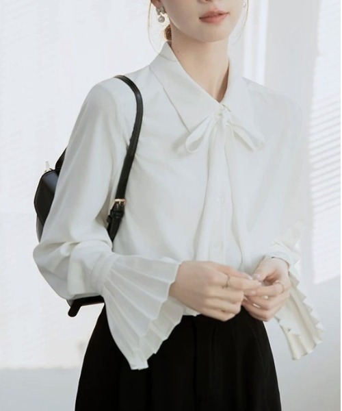 Beststore(ベストストア)の「ボウタイシャツブラウス 袖口プリーツ レディース(シャツ/ブラウス・レディース・ピンク/ホワイト/ブルー・L/M)」の21枚目の写真