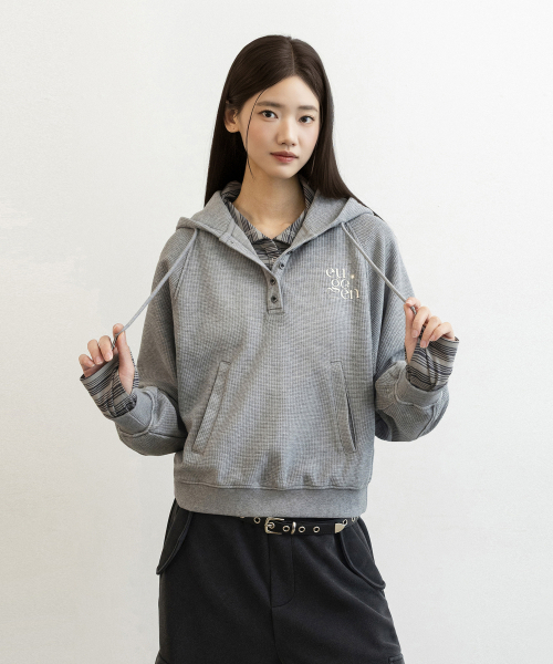 Waffle semi‑crop hooded パーカー — вафельная короткая худи (меланж)