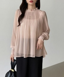 ふわっと軽やか プリーツシアーシフォンブラウス フリルネック シアー ブラウス プリーツ フレア プリーツブラウス シフォンブラウス 長袖 ボリューム袖 無地 ドット柄 春服 夏服