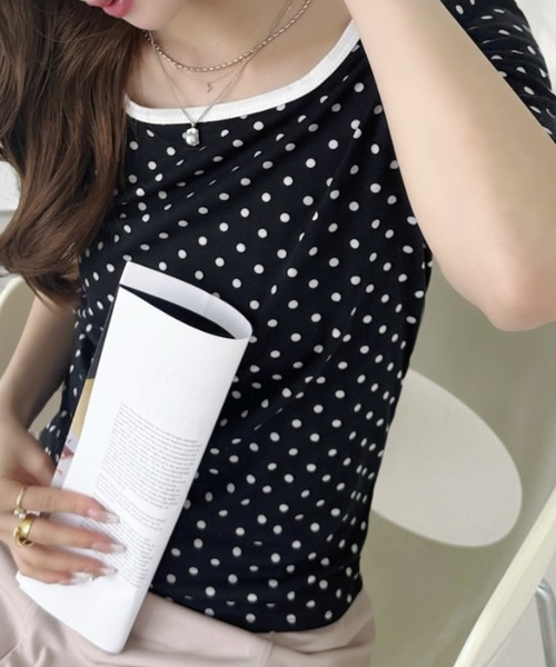 Ada.（エイダ）の「2WAY パイピングデザイン ピンドット Tシャツ（Tシャツ/カットソー・レディース・ブラック/オフホワイト・FREE）」の4枚目の写真