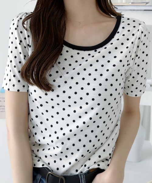 Ada.（エイダ）の「2WAY パイピングデザイン ピンドット Tシャツ（Tシャツ/カットソー・レディース・ブラック/オフホワイト・FREE）」の8枚目の写真