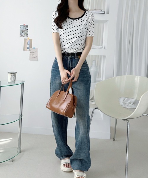 Ada.（エイダ）の「2WAY パイピングデザイン ピンドット Tシャツ（Tシャツ/カットソー・レディース・ブラック/オフホワイト・FREE）」の11枚目の写真