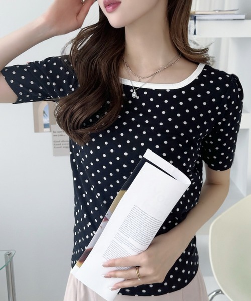 Ada.（エイダ）の「2WAY パイピングデザイン ピンドット Tシャツ（Tシャツ/カットソー・レディース・ブラック/オフホワイト・FREE）」の3枚目の写真