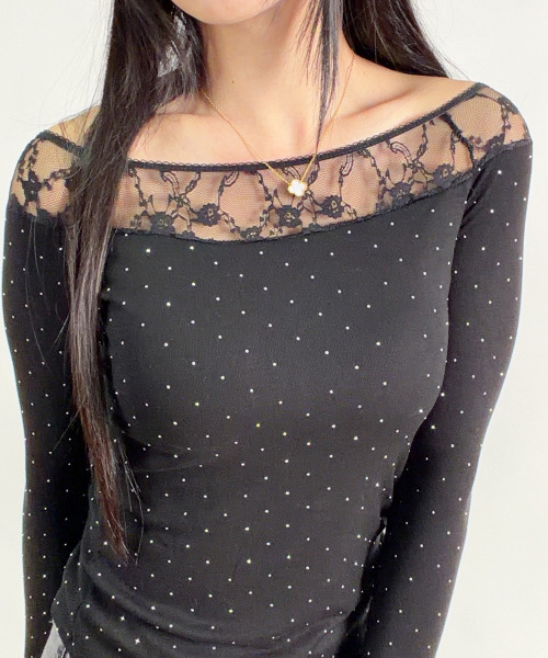 VIVID LADY(ビビッドレディー)の「レースネック カップ付き ラインストーンロンT(Tシャツ/カットソー・レディース・アイボリー/ブラック・FREE)」の6枚目の写真