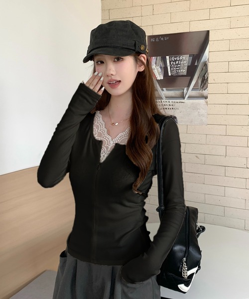 LAFFMO（ラフモ）の「Vネックレースレイヤードカットソー（Tシャツ/カットソー・レディース・ホワイト/ブラック・F）」の15枚目の写真