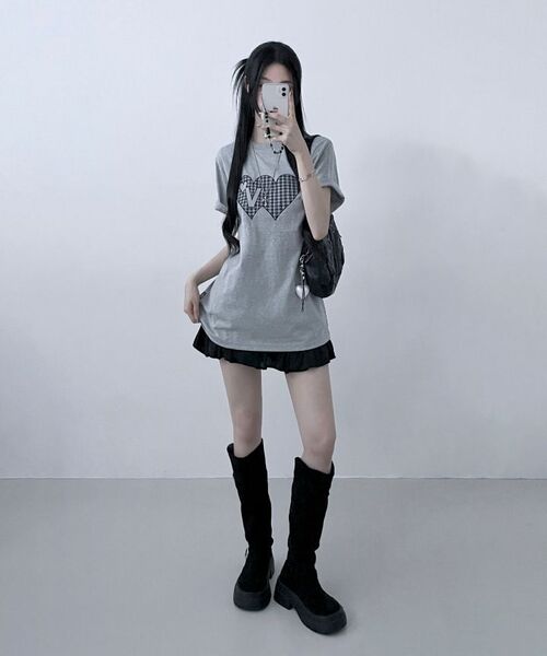 Video Jockey（ビデオジョッキー）の「ダブルダブルハートTシャツ [メランジグレー]（Tシャツ/カットソー・レディース・ミックスグレー・X-SMALL/MEDIUM）」の9枚目の写真