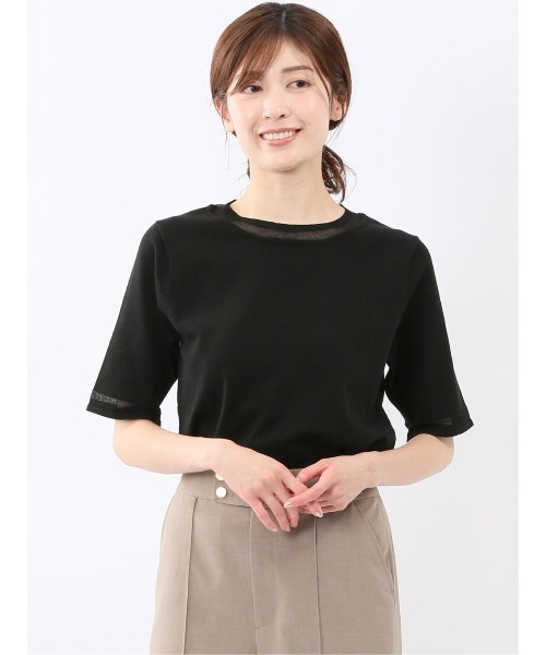 m.f.editorial(エムエフエディトリアル)の「【サマーニット ハンドウォッシャブル】m.f.エディトリアル レディース シアー 切替 クルーネック 半袖 プルオーバー セータ―(ニット/セーター・レディース・アイボリー/ブラック・MEDIUM/LARGE)」の2枚目の写真
