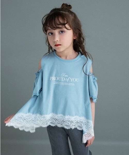 BRANSHES(ブランシェス)の「【WEB限定】ハンカチーフヘム裾肩あきTシャツ(Tシャツ/カットソー・キッズ・ブルーグレー/オフホワイト・100/120/110/140/150/130)」の1枚目の写真