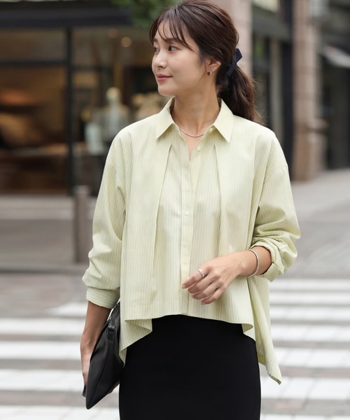 STYLE DELI(スタイルデリ)の「【selection】ストライプ柄立体タックショートシャツ(シャツ/ブラウス・レディース・イエロー/ブルー/ホワイト・FREE)」の3枚目の写真