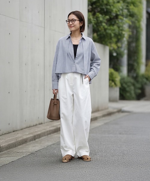 STYLE DELI(スタイルデリ)の「【selection】ストライプ柄立体タックショートシャツ(シャツ/ブラウス・レディース・イエロー/ブルー/ホワイト・FREE)」の12枚目の写真
