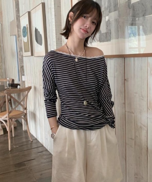 semplice(センプリチェ)の「カットソー【韓国ファッション】(Tシャツ/カットソー・レディース・ネイビー/ホワイト・F)」の1枚目の写真
