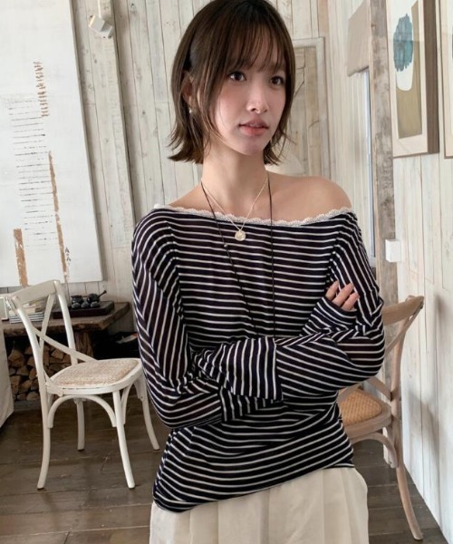 semplice(センプリチェ)の「カットソー【韓国ファッション】(Tシャツ/カットソー・レディース・ネイビー/ホワイト・F)」の5枚目の写真