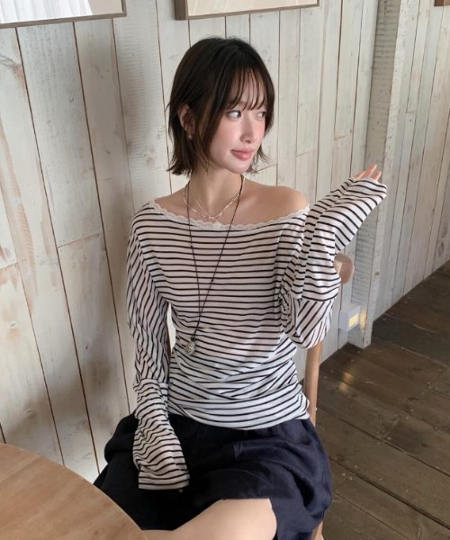 semplice(センプリチェ)の「カットソー【韓国ファッション】(Tシャツ/カットソー・レディース・ネイビー/ホワイト・F)」の8枚目の写真