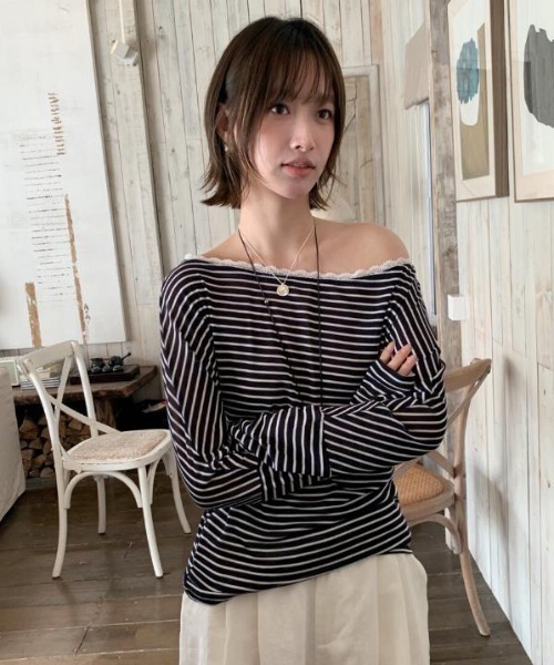 semplice(センプリチェ)の「カットソー【韓国ファッション】(Tシャツ/カットソー・レディース・ネイビー/ホワイト・F)」の9枚目の写真