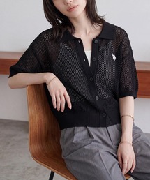【U.S. POLO ASSN.】着痩せ/体型カバー ワンポイント刺繍 メッシュニットカーディガン