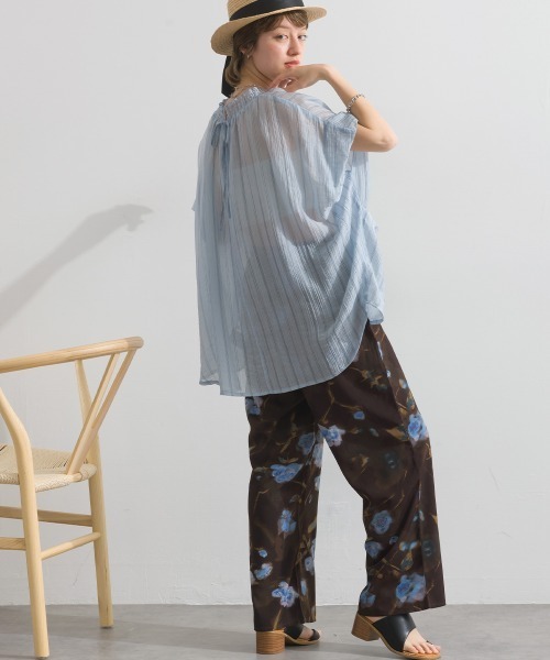 le colis(ルコリ)の「シアー ストライプ 衿 シャーリング 半袖 ブラウス(Tシャツ/カットソー・レディース・ブルー系その他/ホワイト系その他/ブラック系その他・FREE)」の15枚目の写真