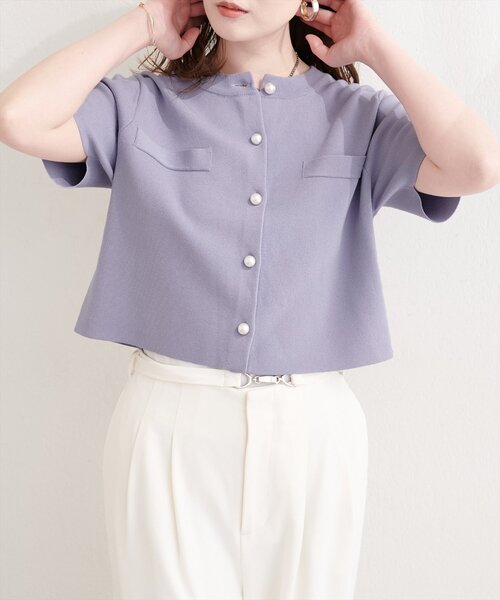natural couture(ナチュラルクチュール)の「パール釦半袖ニットカーディガン(カーディガン/ボレロ・レディース・オフホワイト/サックスブルー/ピンク系その他/ブラック/ミント/ブルー系その他・FREE)」の14枚目の写真