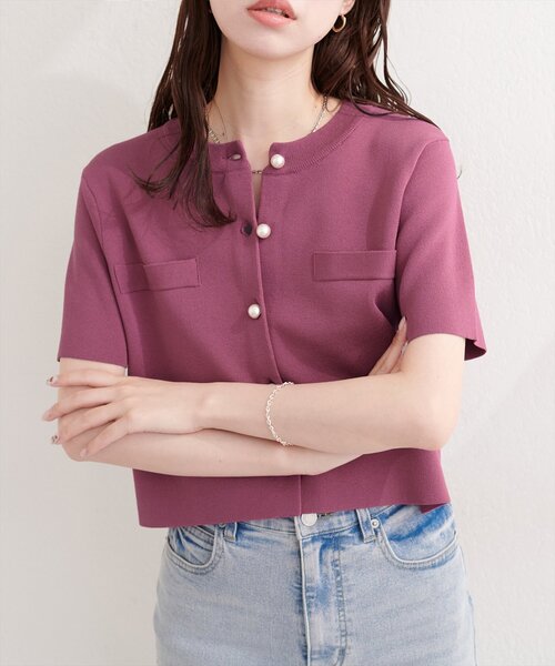 natural couture(ナチュラルクチュール)の「パール釦半袖ニットカーディガン(カーディガン/ボレロ・レディース・オフホワイト/サックスブルー/ピンク系その他/ブラック/ミント/ブルー系その他・FREE)」の18枚目の写真