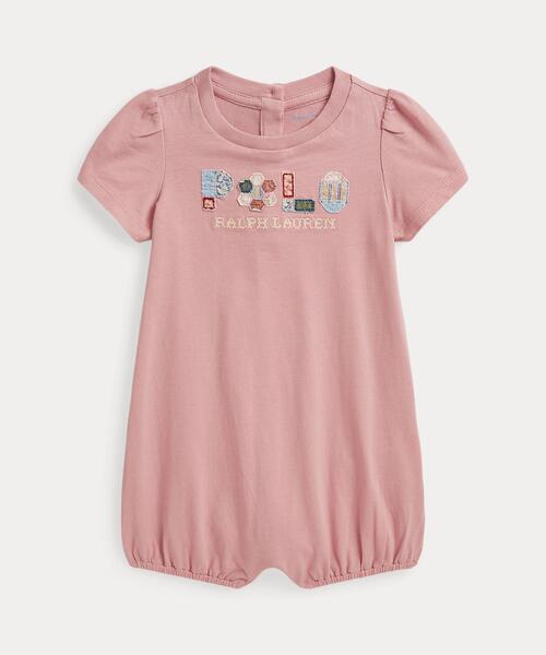 POLO RALPH LAUREN CHILDRENSWEAR(ポロ ラルフ ローレン チルドレンズウェア)の「パッチワークロゴ コットン バブル ショートオール(ロンパース・キッズ・ピンク・12M/3M/6M/9M)」の1枚目の写真