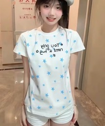 韓国系スイートガール スター文字プリント スリムフィット半袖Tシャツ
