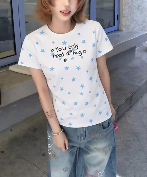 AsheKsha(アシクシャ)の「韓国系スイートガール スター文字プリント スリムフィット半袖Tシャツ(Tシャツ/カットソー・レディース・ホワイト・M)」の4枚目の写真