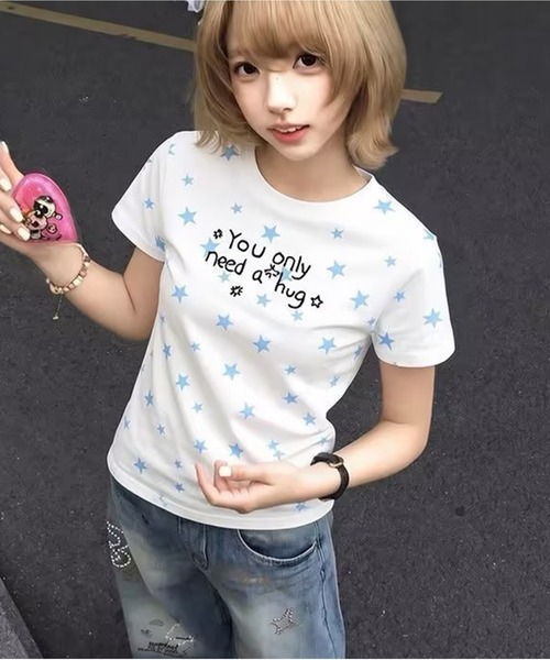 AsheKsha(アシクシャ)の「韓国系スイートガール スター文字プリント スリムフィット半袖Tシャツ(Tシャツ/カットソー・レディース・ホワイト・M)」の5枚目の写真