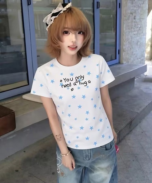 AsheKsha(アシクシャ)の「韓国系スイートガール スター文字プリント スリムフィット半袖Tシャツ(Tシャツ/カットソー・レディース・ホワイト・M)」の6枚目の写真