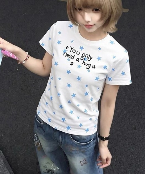 AsheKsha(アシクシャ)の「韓国系スイートガール スター文字プリント スリムフィット半袖Tシャツ(Tシャツ/カットソー・レディース・ホワイト・M)」の7枚目の写真