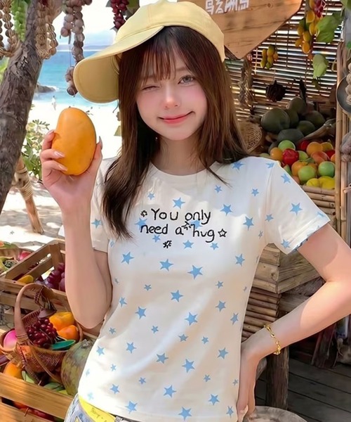 AsheKsha(アシクシャ)の「韓国系スイートガール スター文字プリント スリムフィット半袖Tシャツ(Tシャツ/カットソー・レディース・ホワイト・M)」の8枚目の写真