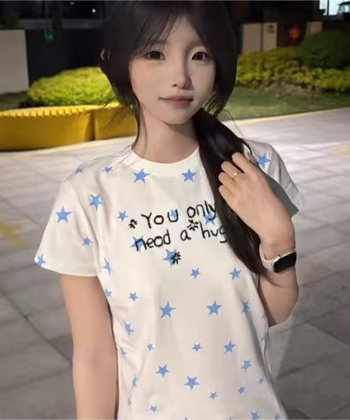 AsheKsha(アシクシャ)の「韓国系スイートガール スター文字プリント スリムフィット半袖Tシャツ(Tシャツ/カットソー・レディース・ホワイト・M)」の14枚目の写真
