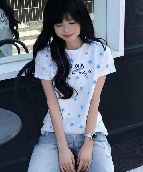 AsheKsha(アシクシャ)の「韓国系スイートガール スター文字プリント スリムフィット半袖Tシャツ(Tシャツ/カットソー・レディース・ホワイト・M)」の16枚目の写真