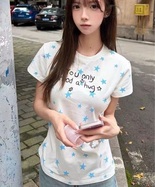 AsheKsha(アシクシャ)の「韓国系スイートガール スター文字プリント スリムフィット半袖Tシャツ(Tシャツ/カットソー・レディース・ホワイト・M)」の18枚目の写真